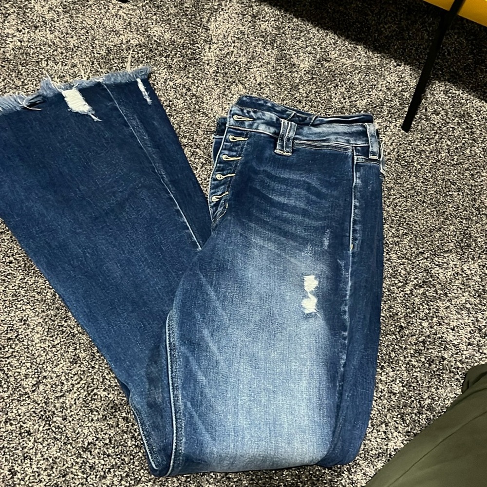 Kancan size 30 dark wash lightly distressed flare, stretchy and so comfortable